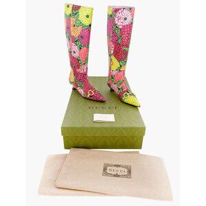 Gucci Ken Scott Horsebit Knee High Boot EU 36.5 US 6.5 Pink Floral Kitten Heel